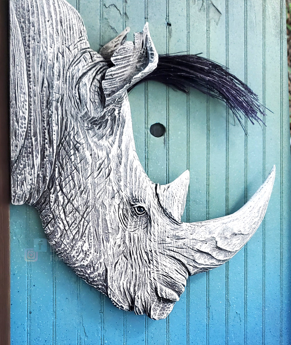 Punk Rhino Hand-carved Wood Wall Art - Large