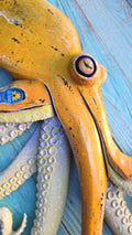 Yellow Octopus Hand-carved Wood Wall Art - Large