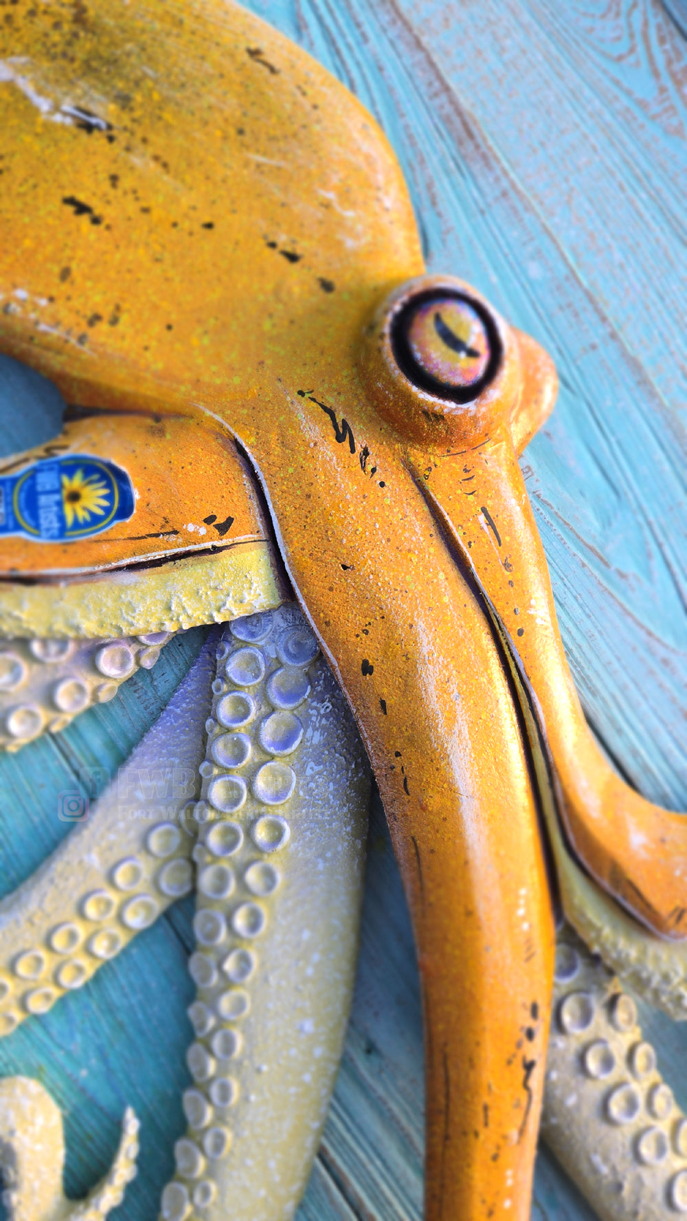 Yellow Octopus Hand-carved Wood Wall Art - Large