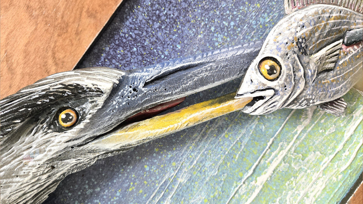 Heron Fishing Hand-carved Wood Wall Art - Large