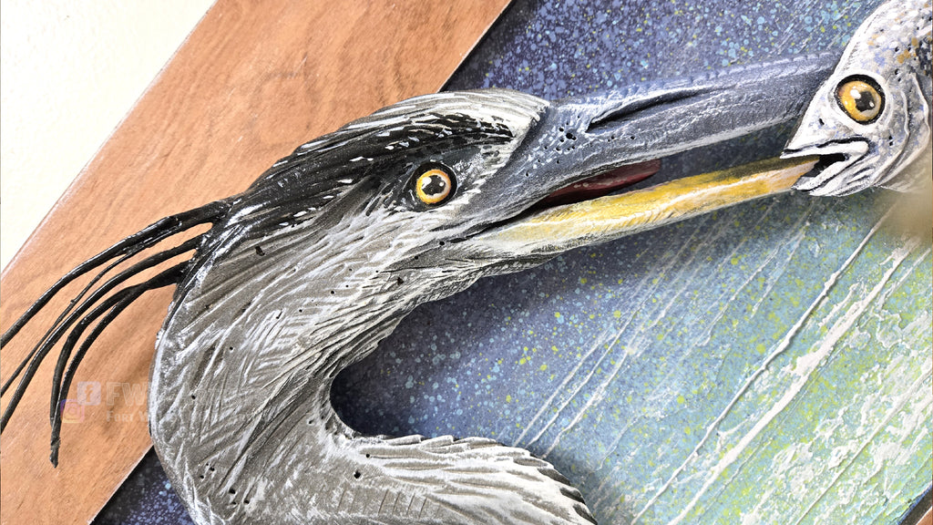 Heron Fishing Hand-carved Wood Wall Art - Large