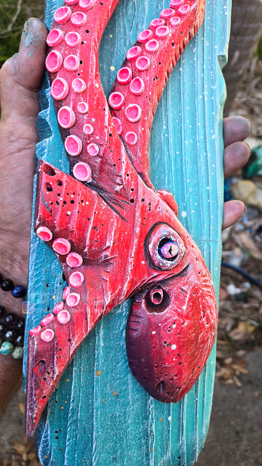 Octopus Red Hand-Carved Wood Wall Art – Medium