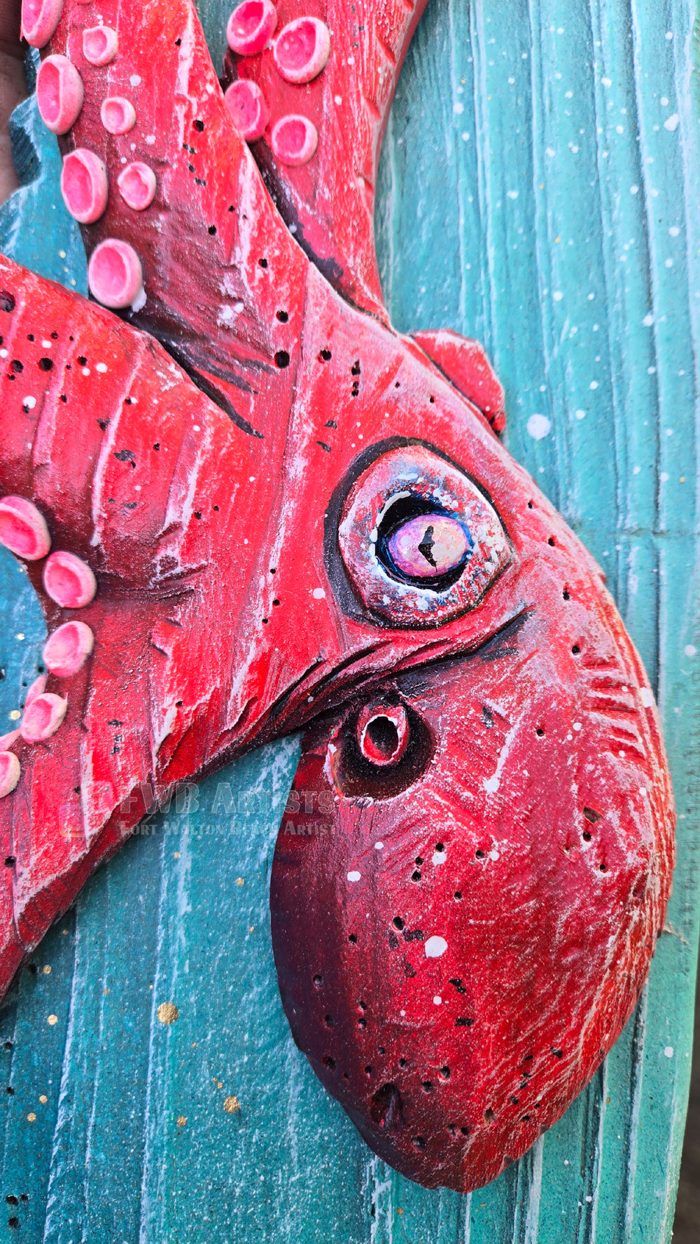 Octopus Red Hand-Carved Wood Wall Art – Medium