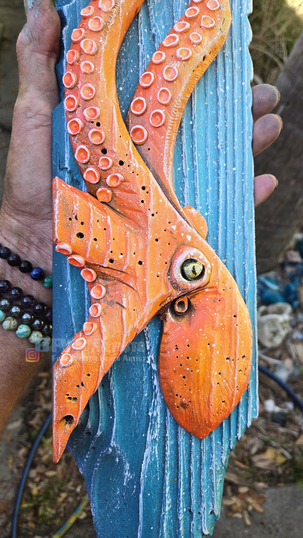 Octopus Orange Hand-Carved Wood Wall Art – Medium