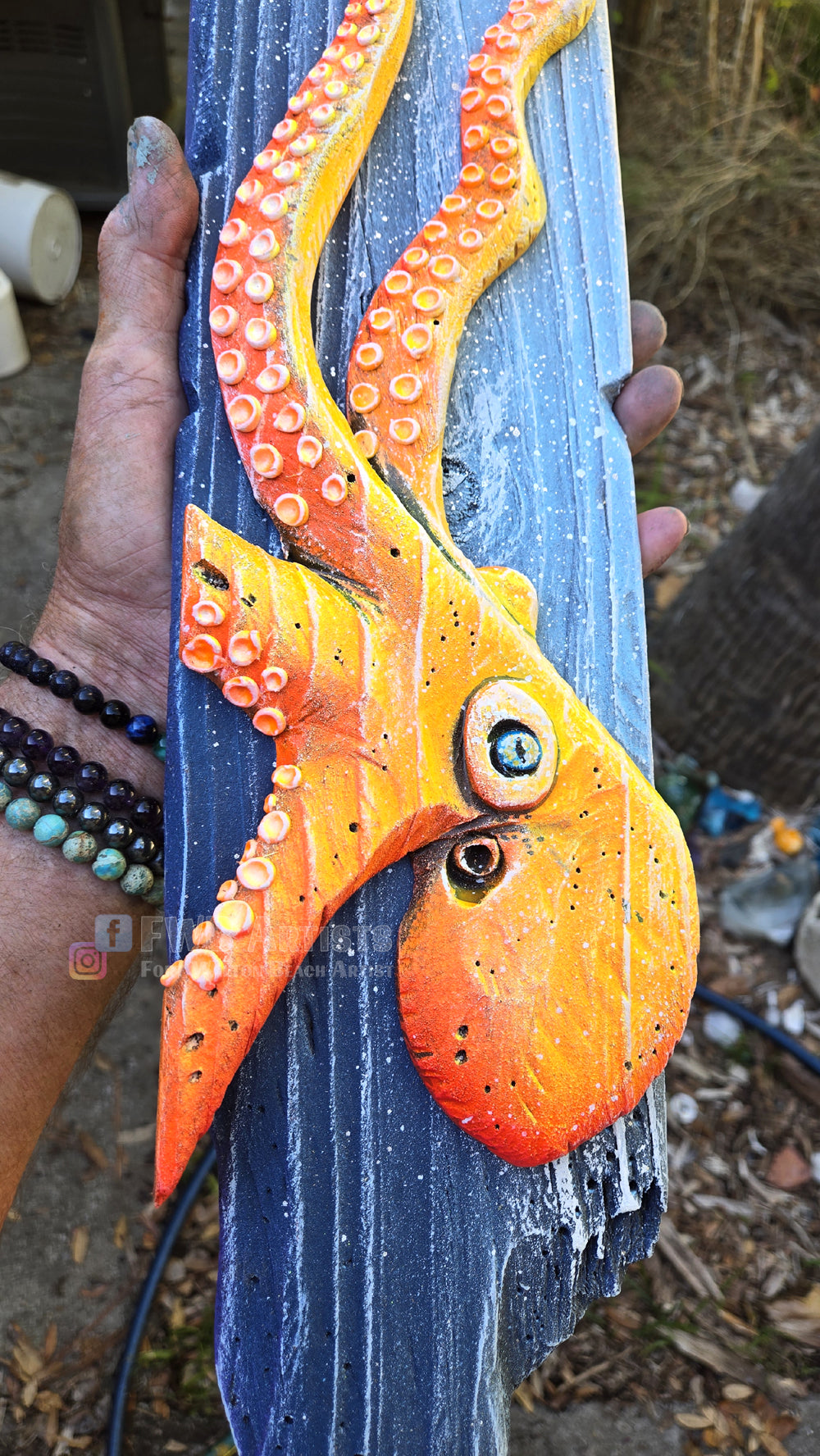 Octopus Flo Orange Hand-Carved Wood Wall Art – Medium
