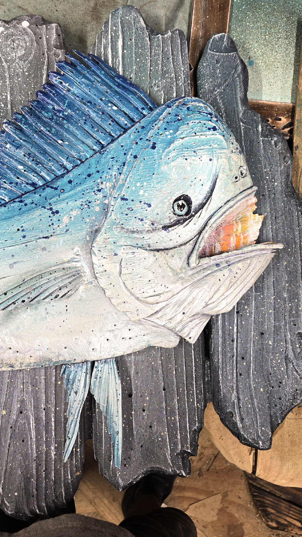 Blue Mahi Mahi Hand-carved Wood Wall Art - 40 Inches