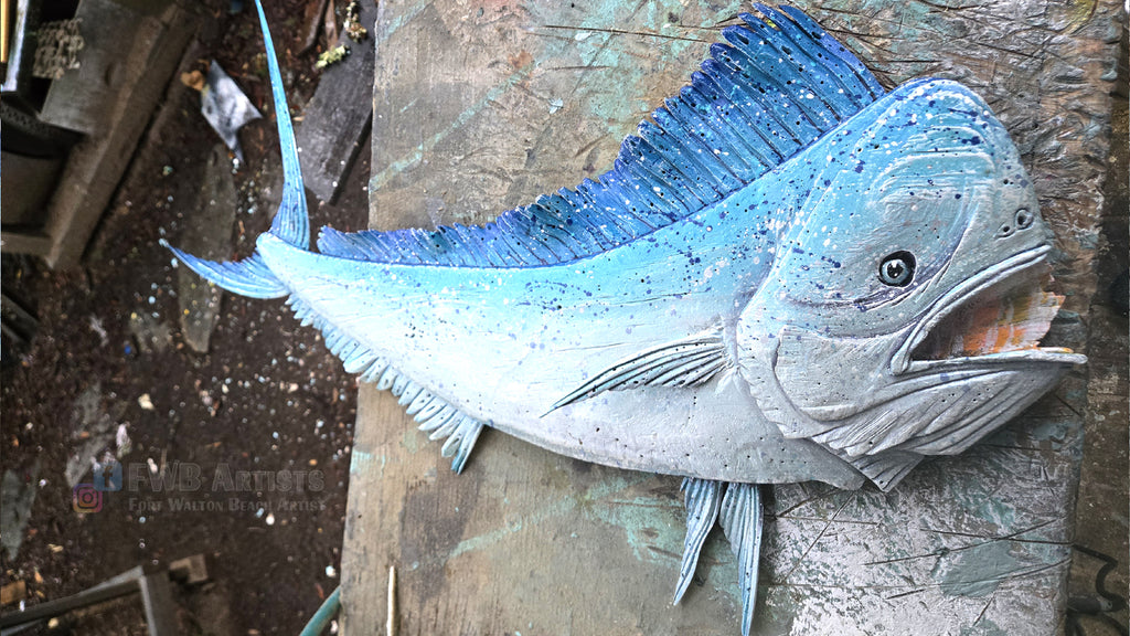 Blue Mahi Mahi Hand-carved Wood Wall Art - 40 Inches