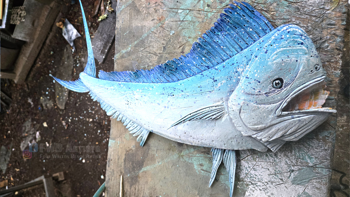 Blue Mahi Mahi Hand-carved Wood Wall Art - 40 Inches