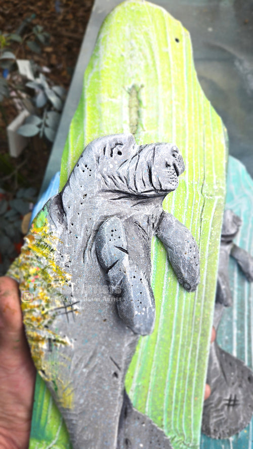 Baby Manatee (Greens) Hand-carved Wood Wall Art