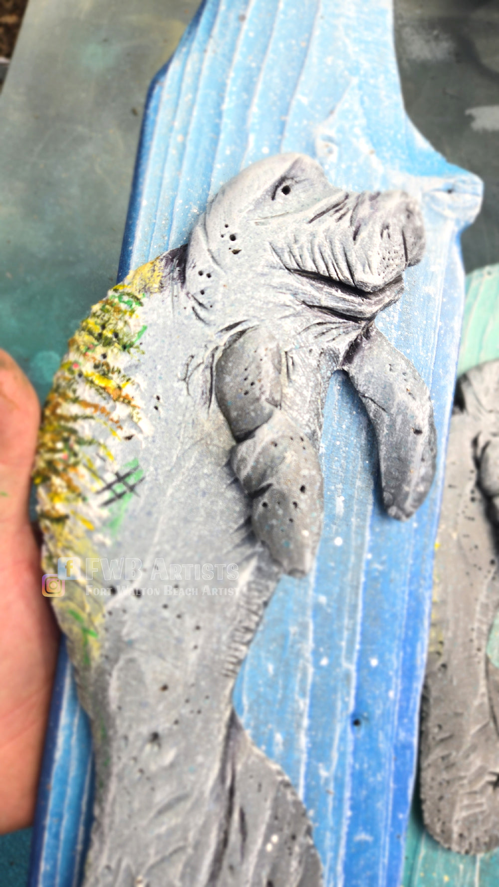 Baby Manatee (Blues) Hand-carved Wood Wall Art