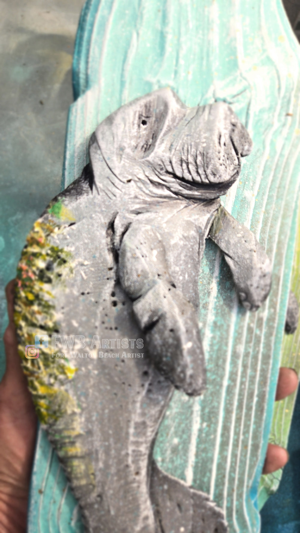 Baby Manatee (Teals) Hand-carved Wood Wall Art