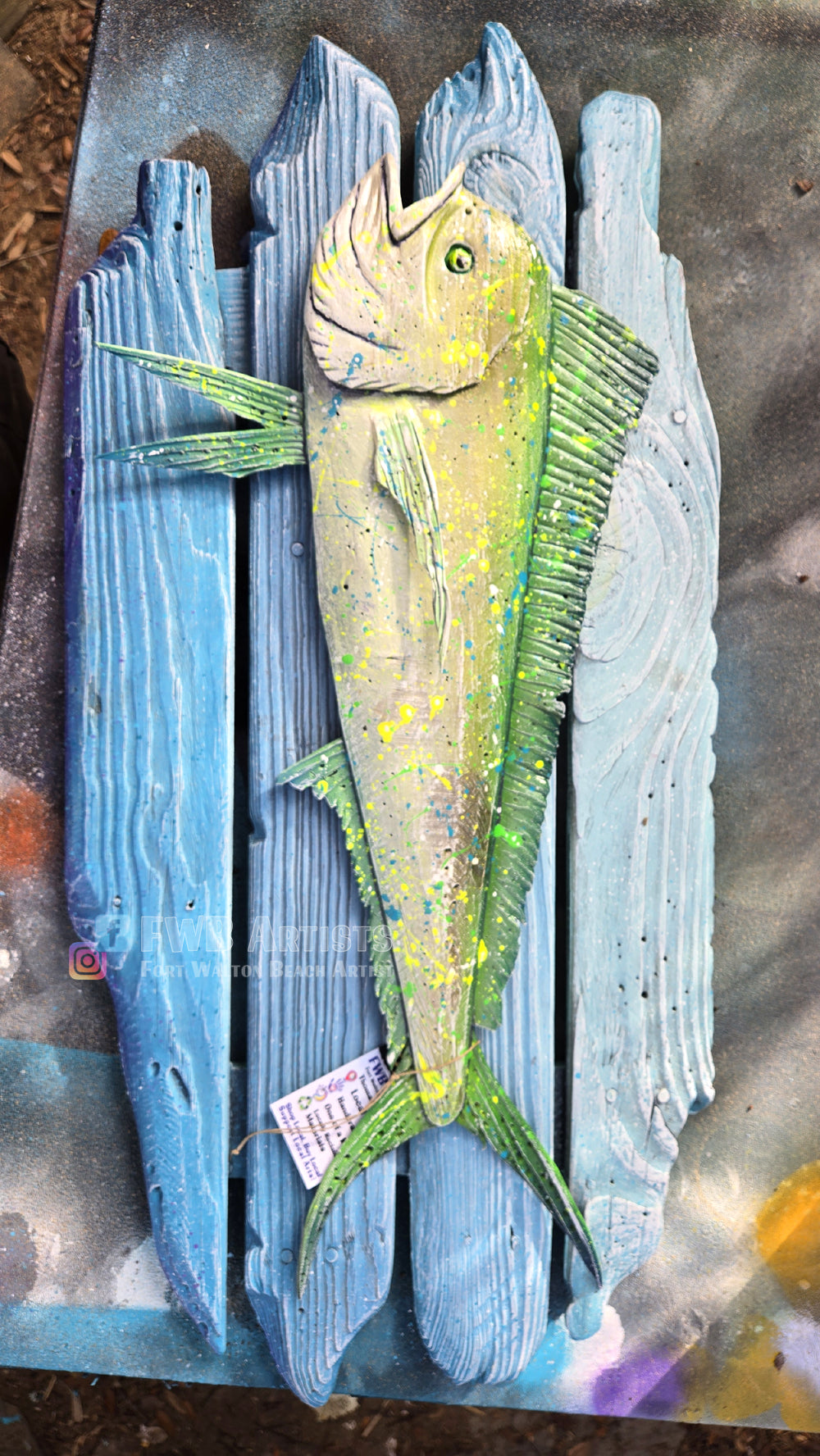 Green Mahi Mahi Hand-carved Wood Wall Art - 36 inches