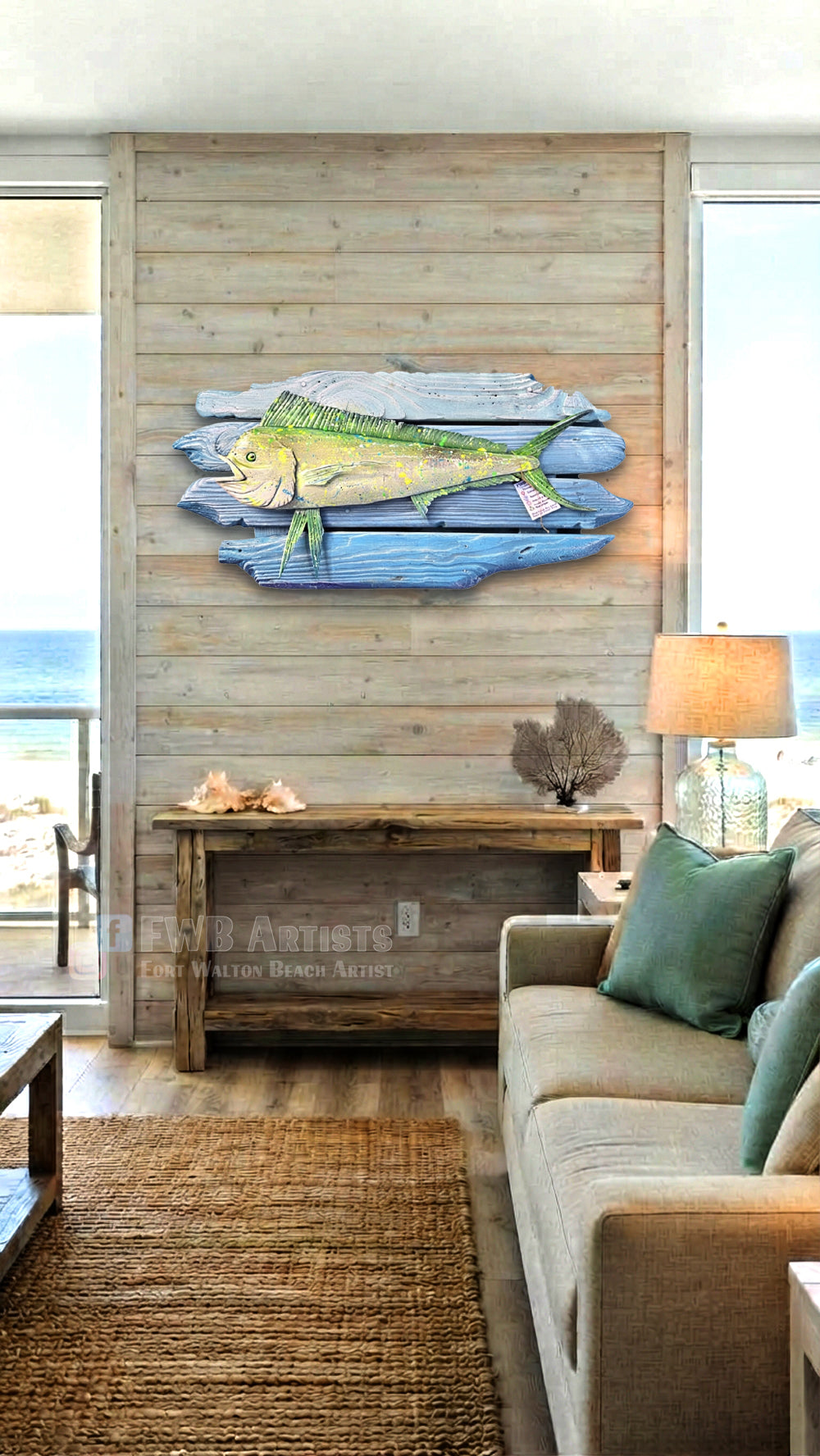 Green Mahi Mahi Hand-carved Wood Wall Art - 36 inches